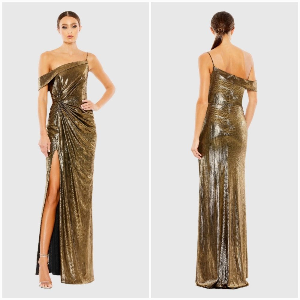 Mac Duggal Gold One-Shoulder Metallic Ruched Gown with Thigh Slit